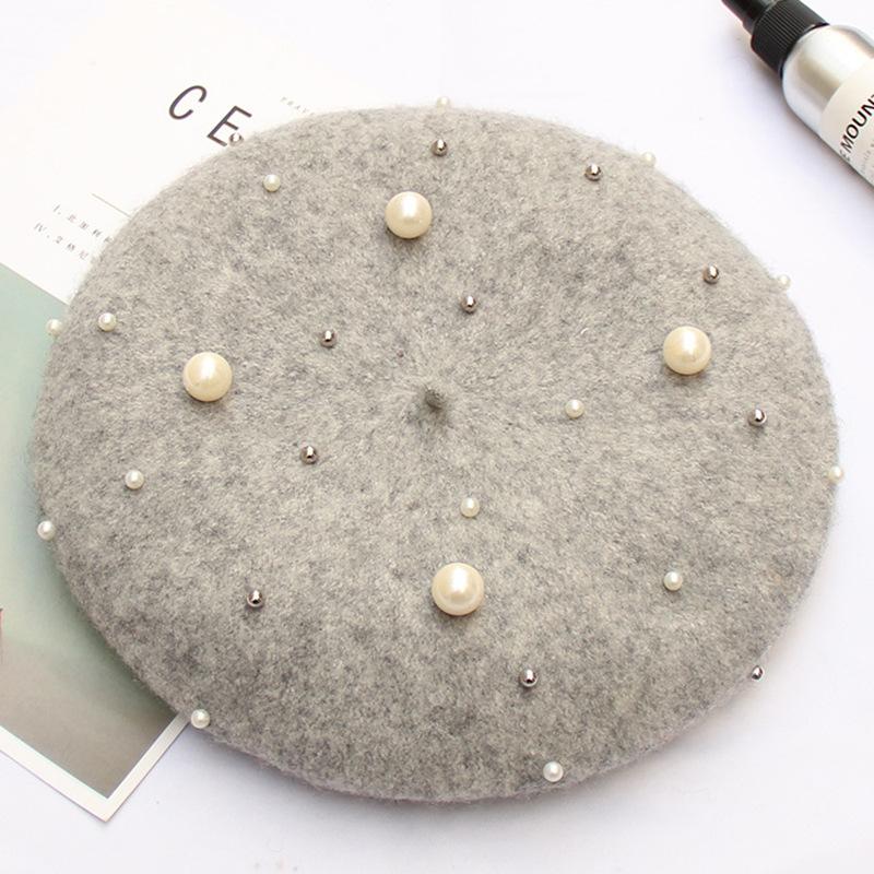 Pearl Rivet Painter Hat Femininity Luxury Wool Beret Gypsy Star Bead Bud Hat