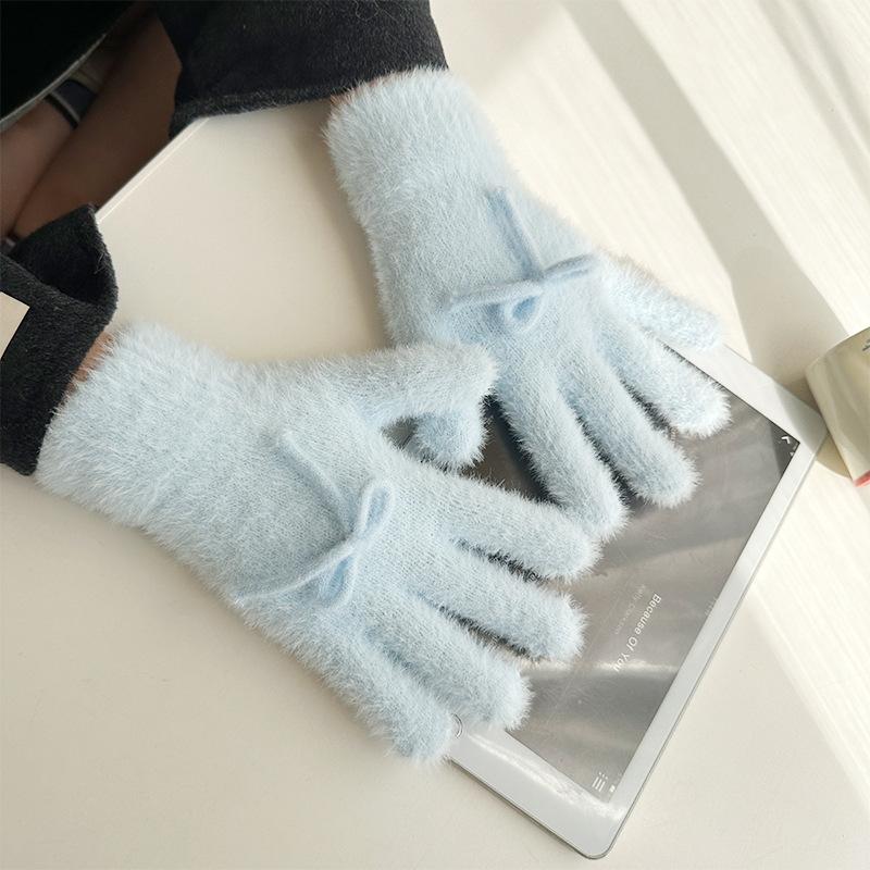 Korean Style Cute Bow Plush Knitted Gloves Autumn and Winter Warm and Cold Proof Five Finger Gloves Cycling Finger Gloves