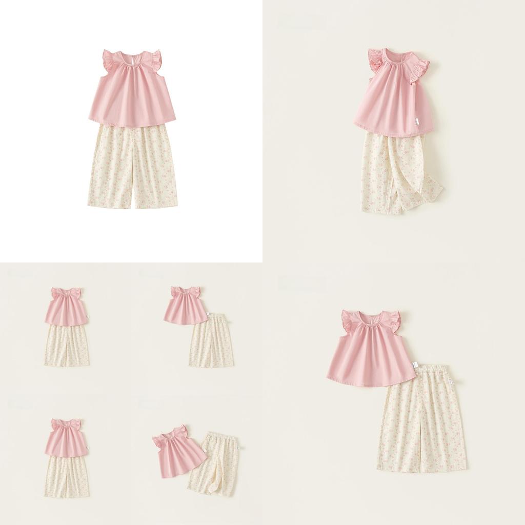 Meisjes Zomer Katoen Bloemen Tweedelig Set Met Top Met Korte Mouwen En Wijde Broek