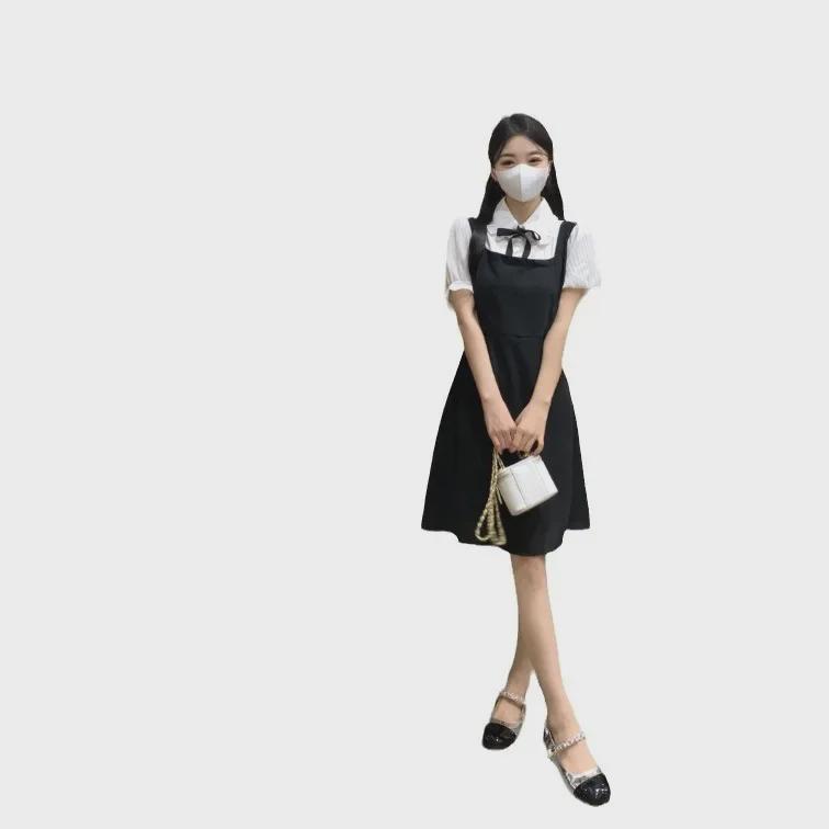 Women's Large French College Style Black Two-Piece Polo Dress - Waist Slimming A-Line Summer Skirt