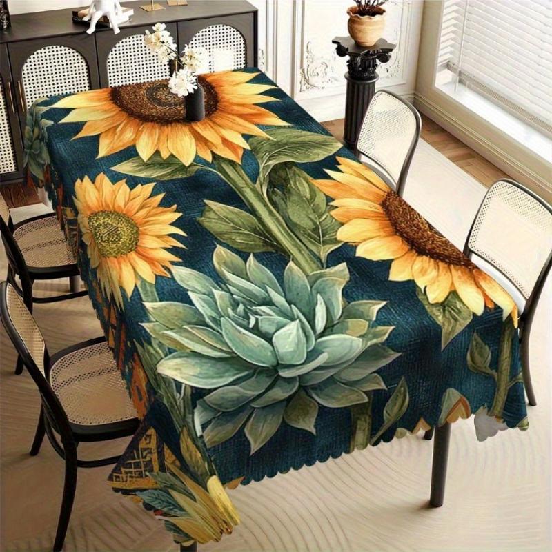 Vintage Zonnebloem & Vetplant Tafelkleed, Botanische Kunstprint, Schone Golvende Rand, Vuilafstotend voor Huis & Informele Bijeenkomsten 140x160cm