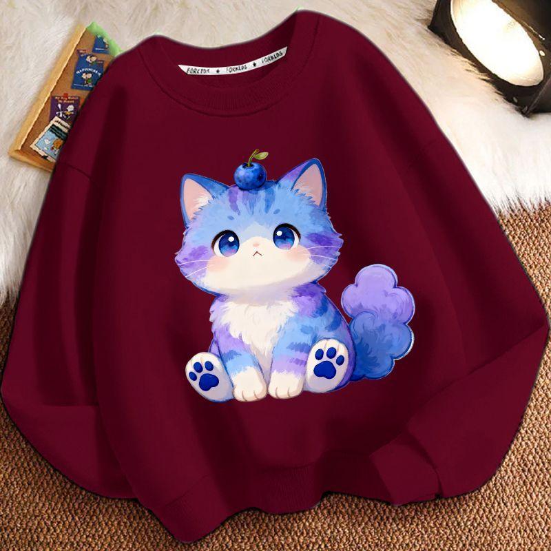 Children's Fashionable Cartoon Kitten Hoodie for Autumn and Winter, Casual Long-sleeved Round-neck Top for Boys and Girls