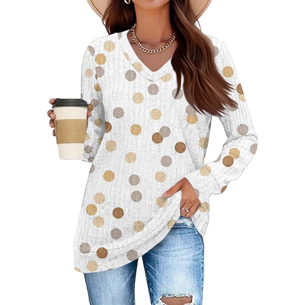 Women's Fashionable Oversized V-Neck T-Shirt With Polka Dot Print Long-Sleeved Pullover Top