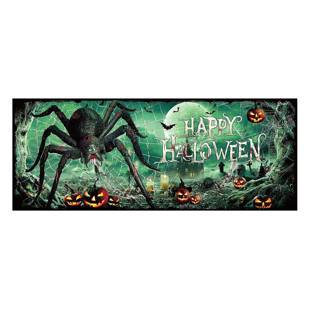 8x7 Ft Halloween Garage Door Banner Hanging Backdrop Garage Door Cover Misty Forest Pumpkin Lantern Scene 243x218 cm