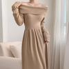 Koreanisches Strickkleid mit Carmen-Ausschnitt für Damen, Herbst, neu, Patchwork, langärmelig, Mode, einfarbig, Party-Langkleid, Winter