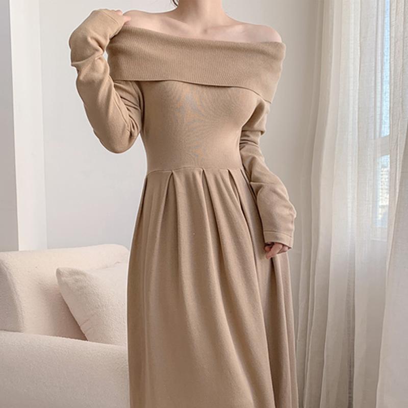 Koreanisches Strickkleid mit Carmen-Ausschnitt für Damen, Herbst, neu, Patchwork, langärmelig, Mode, einfarbig, Party-Langkleid, Winter