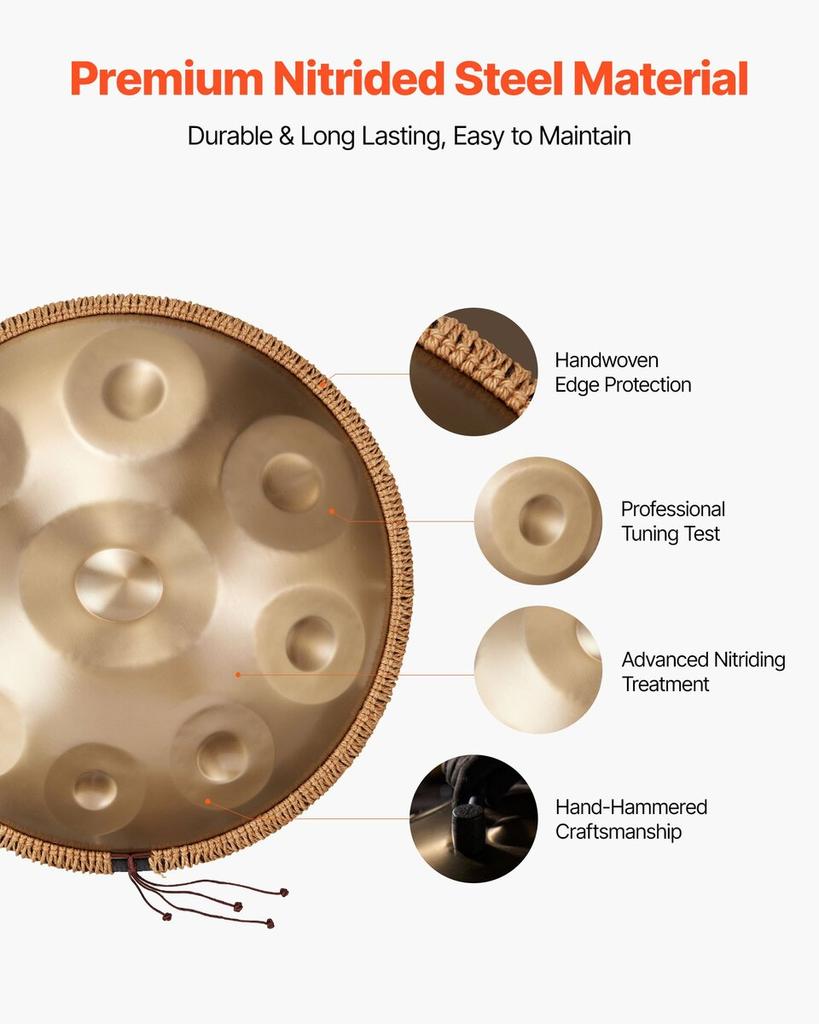 Tamburo Handpan, 56 cm 9 Note Tamburo a Mano in Acciaio, Tamburi Musicali 432Hz in Re Minore con Protezione del Bordo Tessuta, 2 Mazze e Custodia, Percussioni Resistenti allo Sbiadimento