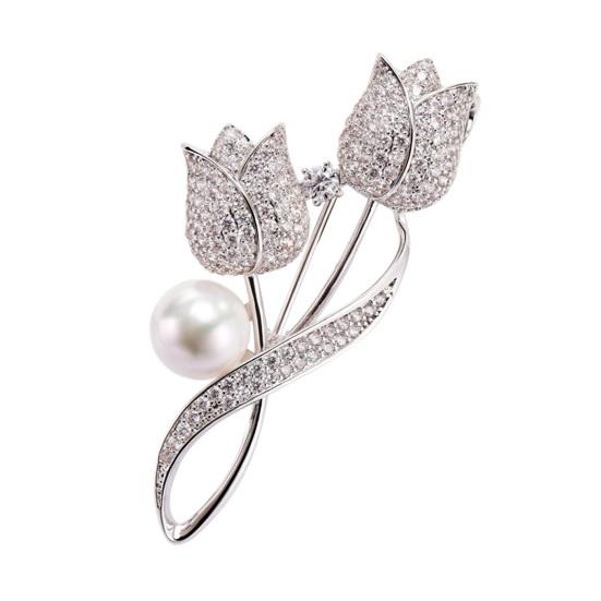 Women Brooch High-Gloss Rhinestone Inlay Imitation Pearl Decor Sparkling Tulip Design Lapel