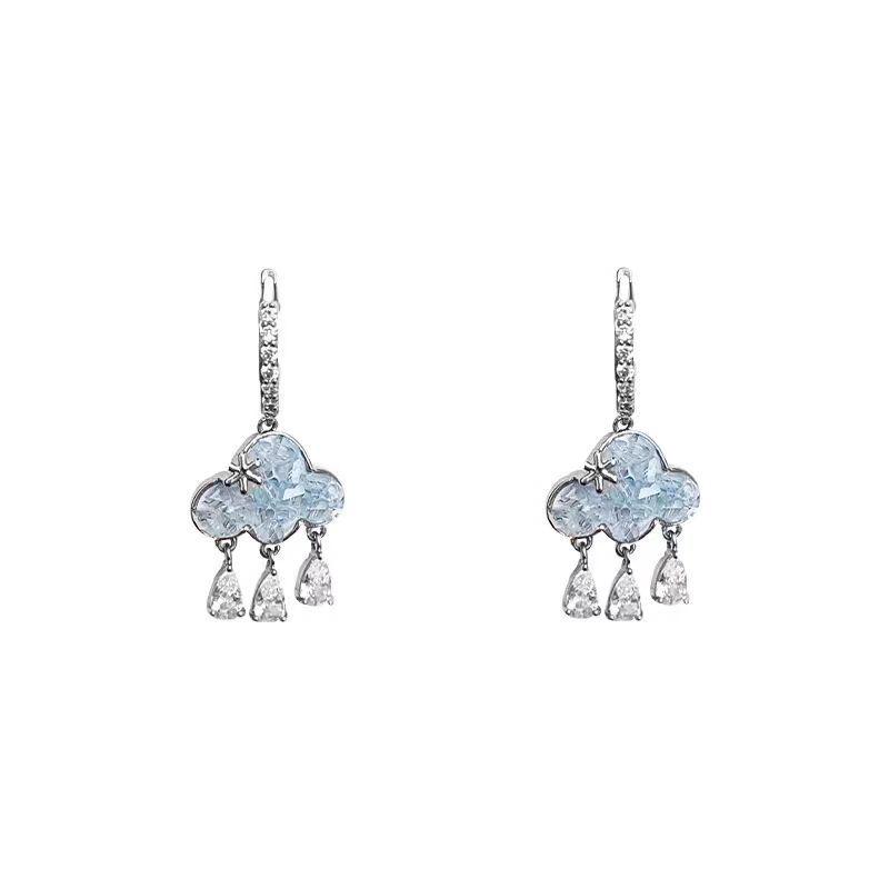 Elegant Blue Crystal Cloud Tassel Earrings for Women - Luxurious and Versatile Accessory