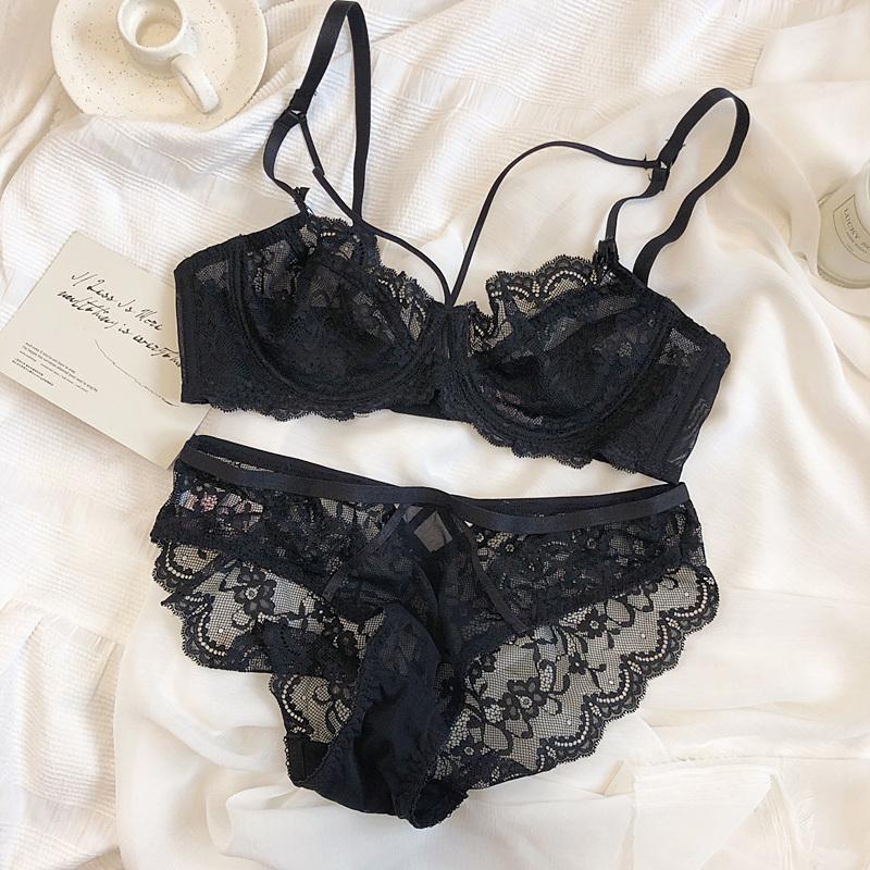 French Ultra-Thin Sexy Lace Bra Set, Underwire Minimizer Side Gathering Sheer Women Lingerie Set