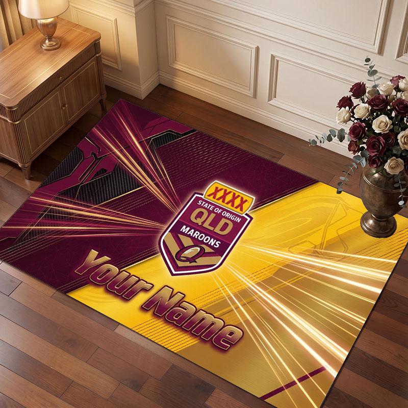 Personalisierter Kristall-Samt-Teppich der Queensland Maroons, Weicher Anti-Rutsch-Teppich mit individuellem Namens-Text für Wohnzimmer, Schlafzimmer
