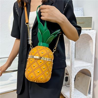 Women's Pineapple Purse Novelty Summer Bag Crossbody Shoulder Handbag Hawaiian PU Leather Rivets Chain Strap Tote for Girls
