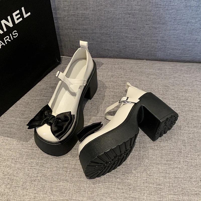 2025 Summer New Coarse Heel Mary Jane Single Shoes Fashion Bowknot Thick Heel Round Toe Pumps Trendy Street Lolita Shoes