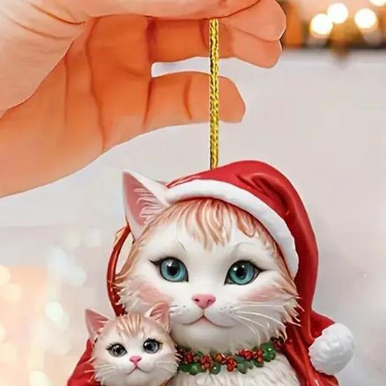 Christmas Pendant 2D Acrylic Cat Wearing Xmas Hat Charm Car Hanging Ornament Festive Atmosphere