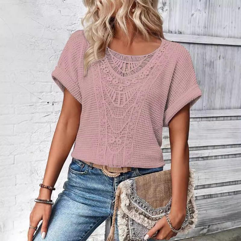 

Весна Лето Кружева Сращивание Однотонные Свободные Повседневные Короткие Рукава Женская Одежда Футболки Женские 5XL розовый