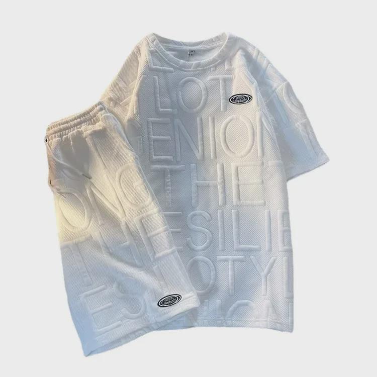 Unisex Wafelkowy T-shirt z Krótkim Rękawem w Stylu College i Luźne Szorty z Literami