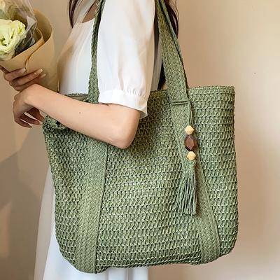Handgewebte Handtasche Neue Mode Damen Große Kapazität Sommer Mahagoni Quaste Schultertaschen Stroh gewebt Strandtasche