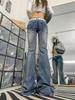ZYLLO High Quality American Vintage Clothes Raw Edge Design Flared Jeans for Women Patchwork Low-rise Washed Denim Y2k Pants