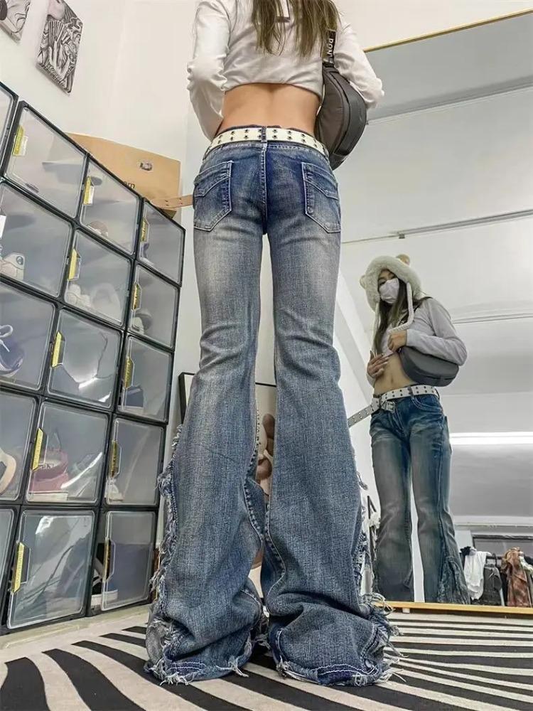 ZYLLO High Quality American Vintage Clothes Raw Edge Design Flared Jeans for Women Patchwork Low-rise Washed Denim Y2k Pants