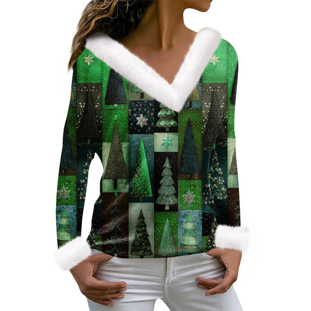 Camiseta de mujer, camiseta navideña, camiseta de manga larga, fiesta, estampado navideño, cuello polar, cuello en V
