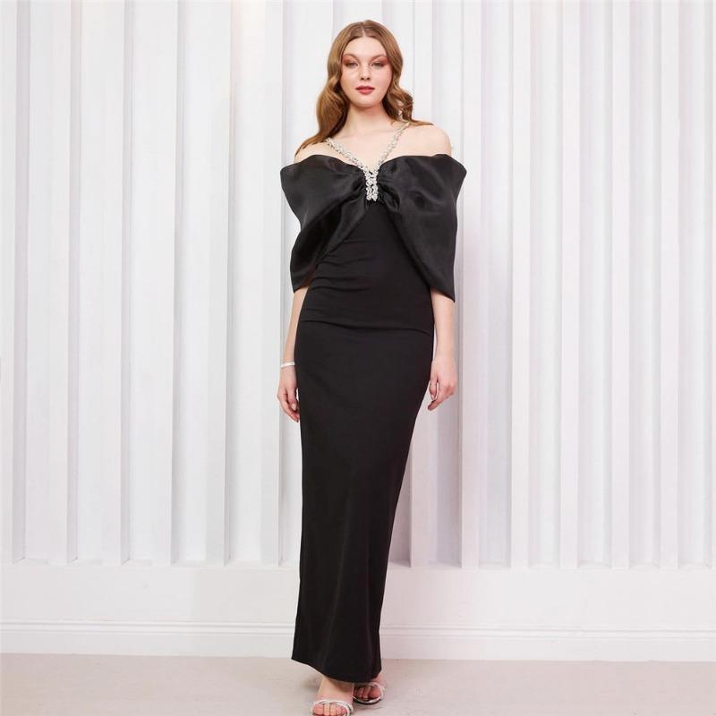 

New sexy design bandage dress neck evening dress with diamonds shoulder slim long women s clothing S чорний