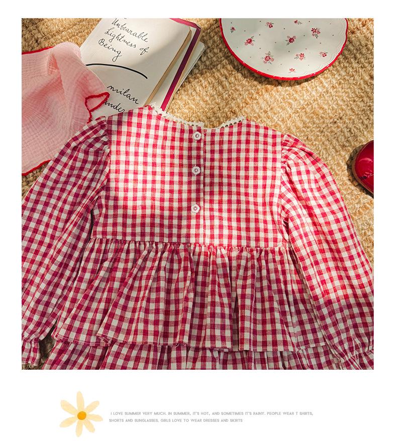 2026 Autumn Korean Children's Strawberry Embroidered Dress - Sweet Girl's Round Neck Lace Plaid Cake Skirt