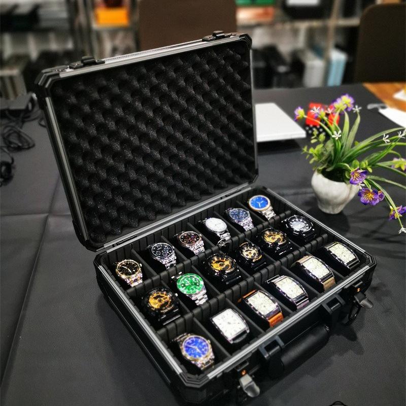 Smoky Grey Aluminum Alloy Multifunction Watch and Jewelry Display Box with Transparent Lid