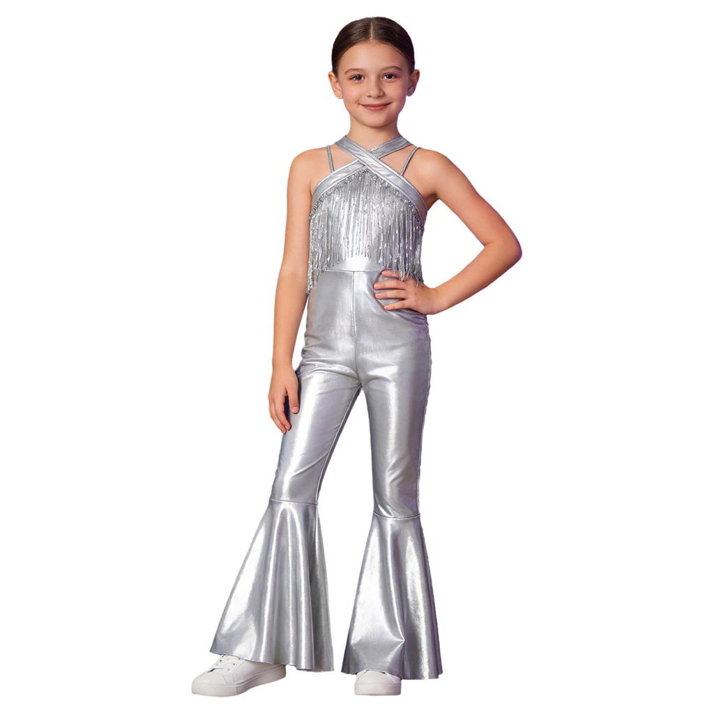Metaliczny Kostium Body do Tańca Disco dla Dzieci: Bezrękawnikowy kombinezon z cekinami i frędzlami, z tyłu na niewidoczny zamek błyskawiczny i rozszerzanymi nogawkami