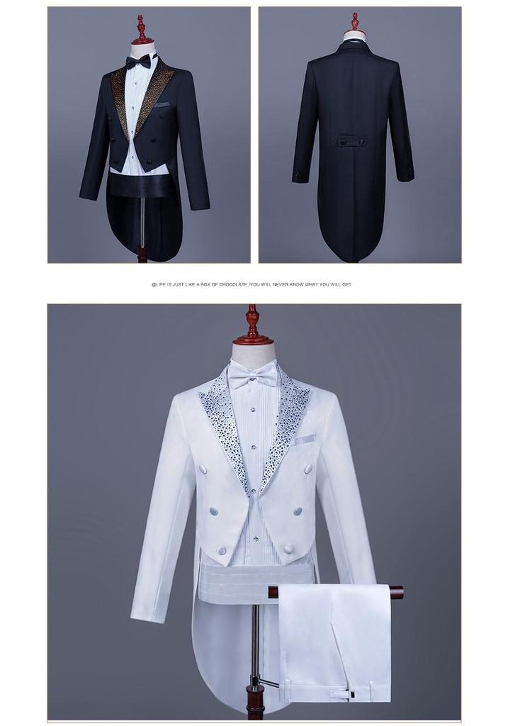 Men's Black and White Rhinestone Tailcoat for Magician, Singer, or Conductor - Formal Performance Wear