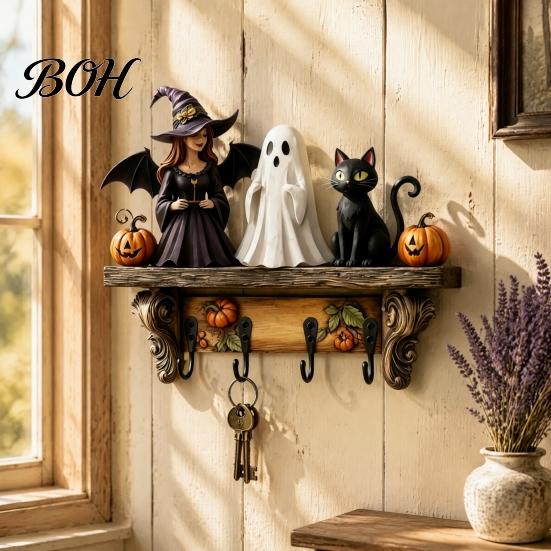 Functional Wooden Key Storage Halloween Holder, Lady Ghost Holder with 4 Hooks, Wall Home Decor Mounted Spooky Rack Organizer for Entryway Hallway