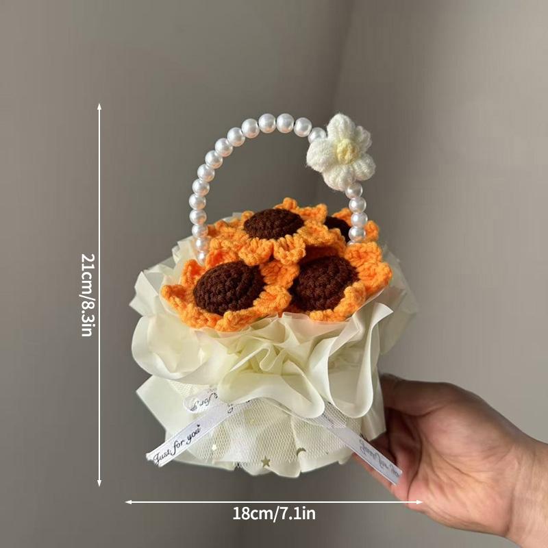 Crochet Rose Bouquet Handmade Knitted Sunflower Basketed For Graduation Mothers Day Birthday Wedding Gift Home Office Desk Decor