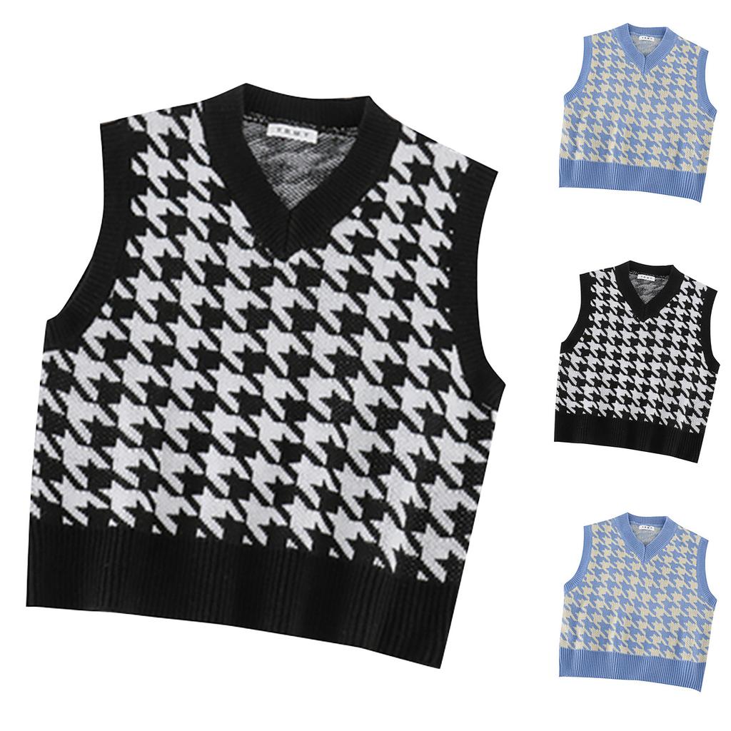 Early Autumn Korean Version New Loose Bird Checker V-Neck Sleeveless Vest Knit Tank Top Pullover Sweater Women's Wear