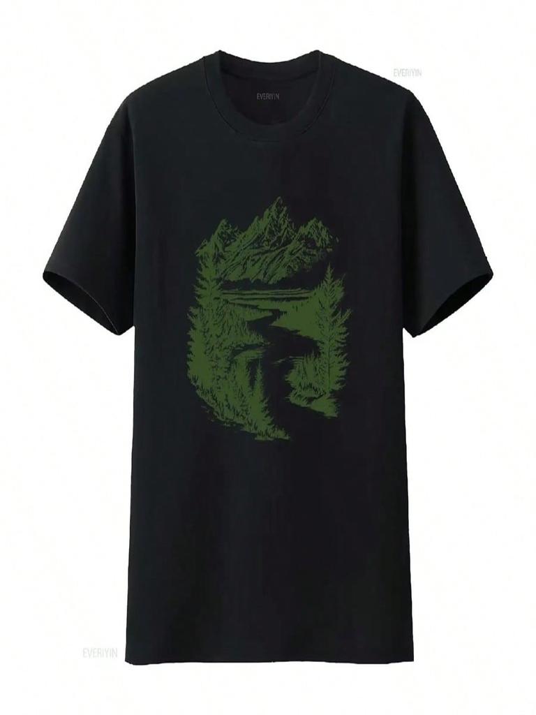 Grand Teton National Park Oversized T Shirt Linocut GTNP Forest Mountain River Scenery Hiking Outdoors Nature Inspired Tee
