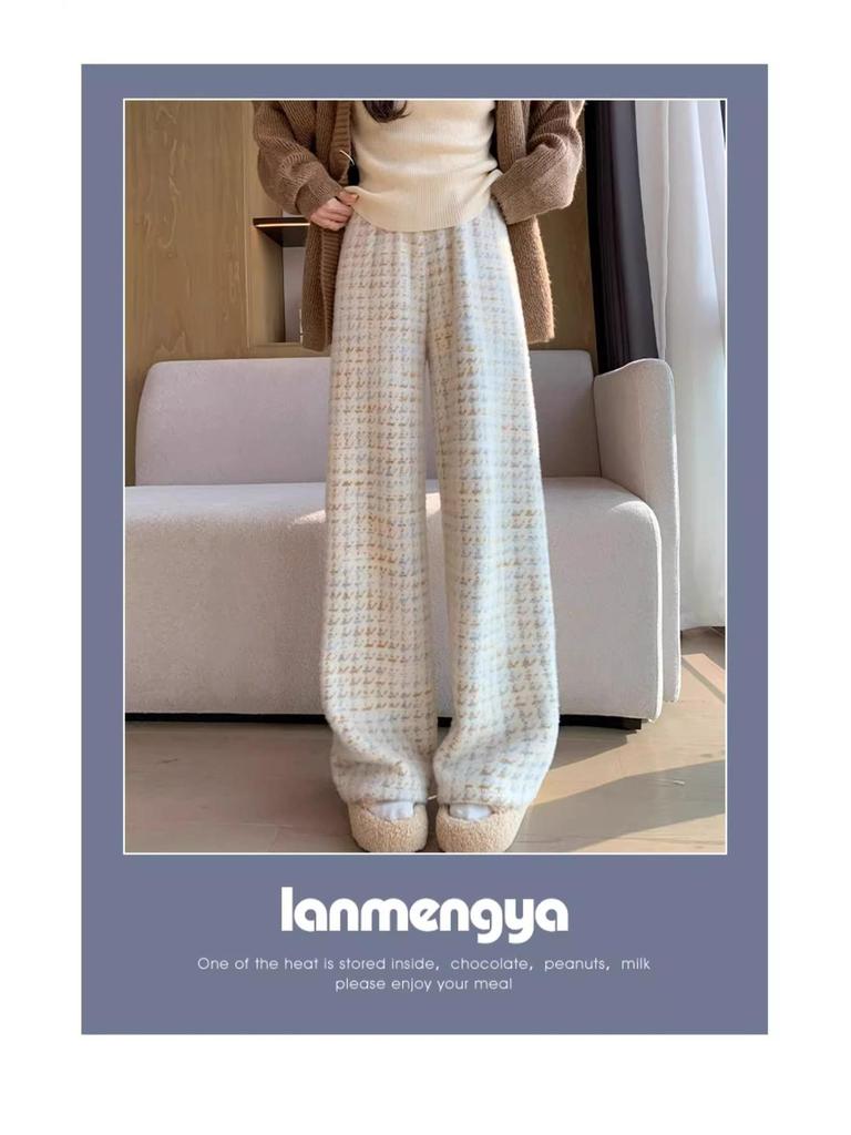 Women's High-Waist Plaid Houndstooth Velvet Pants - Coffee Blue, Wide-Leg, Wool Blend, Petite, for Autumn/Winter