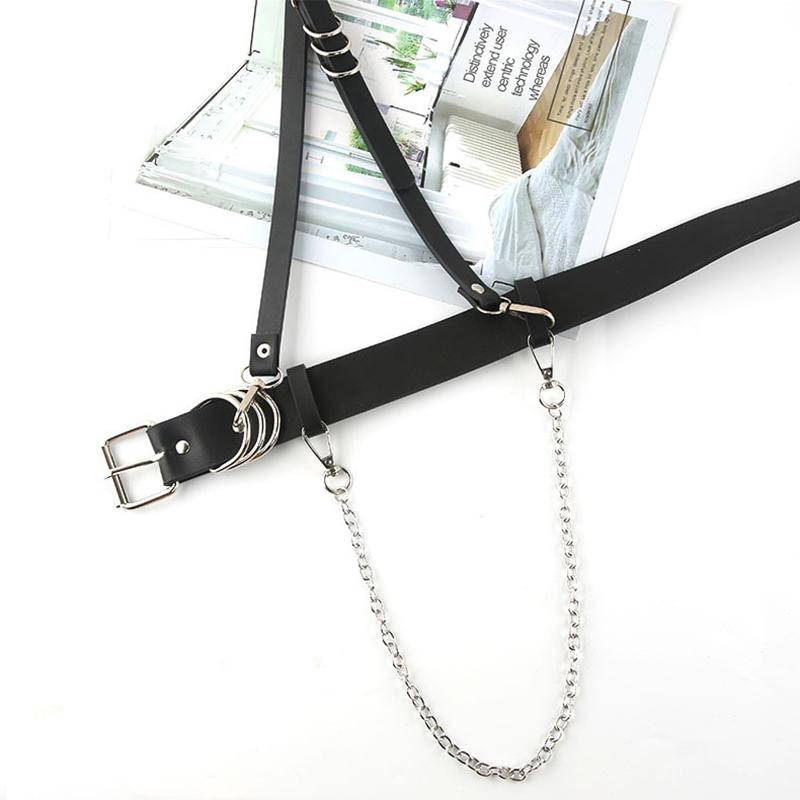 Korean Punk Style Detachable Chain Belt Men Women Belt Black Pu Leather Harness Chain Belt Goth Corset Waist Belt Accessories