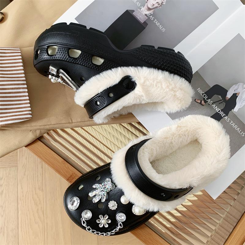 Women's Fleece-Lined Detachable Cotton Slippers - Autumn/Winter Fur Shoes with Hole Design