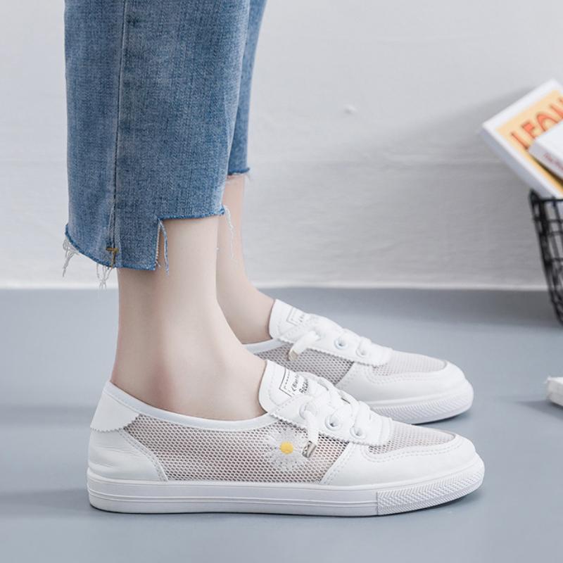 Women Spring Summer Flats Sneakers Mesh Breathable Lace Up Tennis Casual Light Hollow Femininos White Comfort Shoes