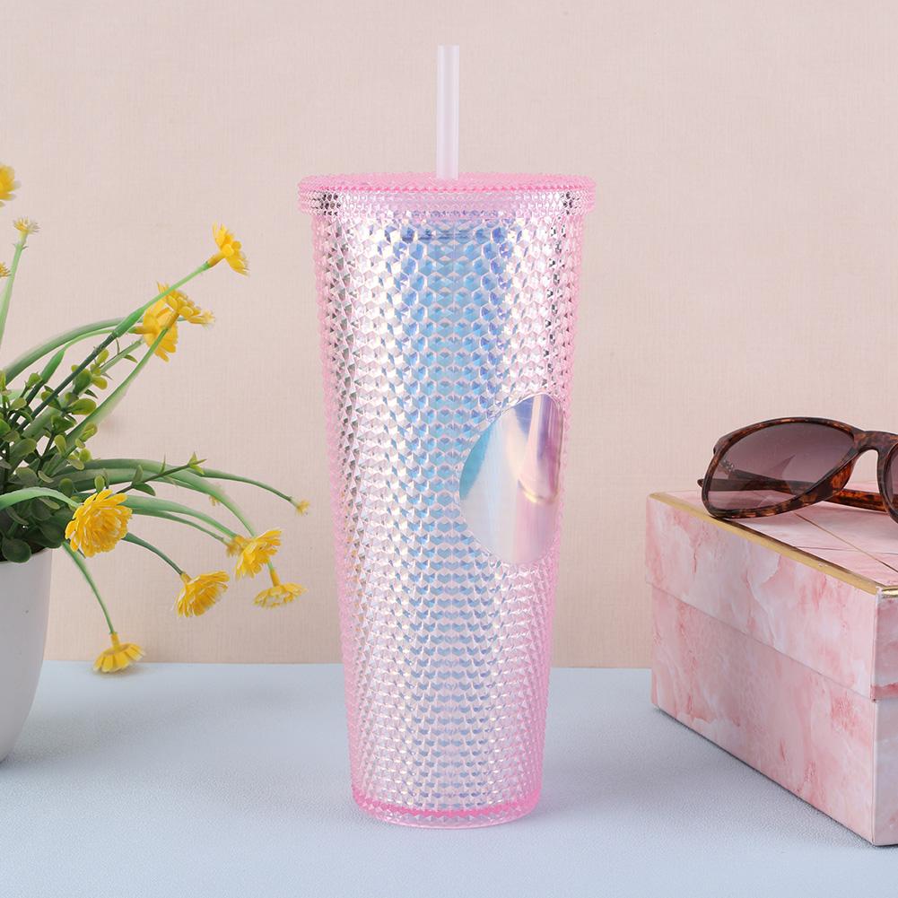 Taza de Plástico de 710ml con Pajita y Remaches de Pedrería, Taza de Viaje de Doble Pared con Tapa, Taza para Té de Burbujas de Gran Capacidad para Deportes