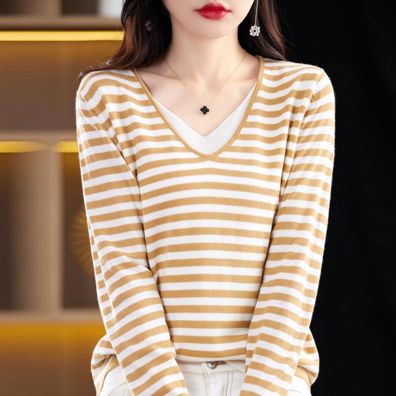 Women's Fashion Casual Stripe Print Autumn Winter Pullovers & Long Sleeves V-Neck Pullovers