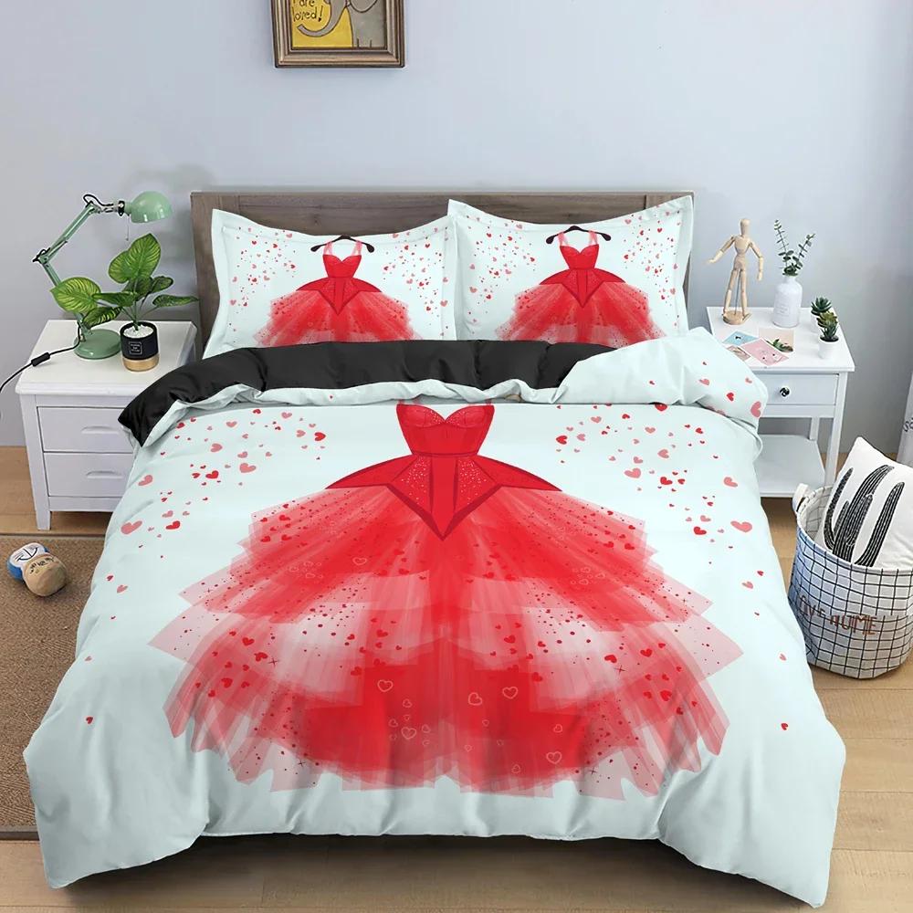 Cartoon Fashion Model Beautiful Dress Pink Comfortable Duvet Quilt Cover Pillowcase Bedding Set Bedroom Decoration Home Textile