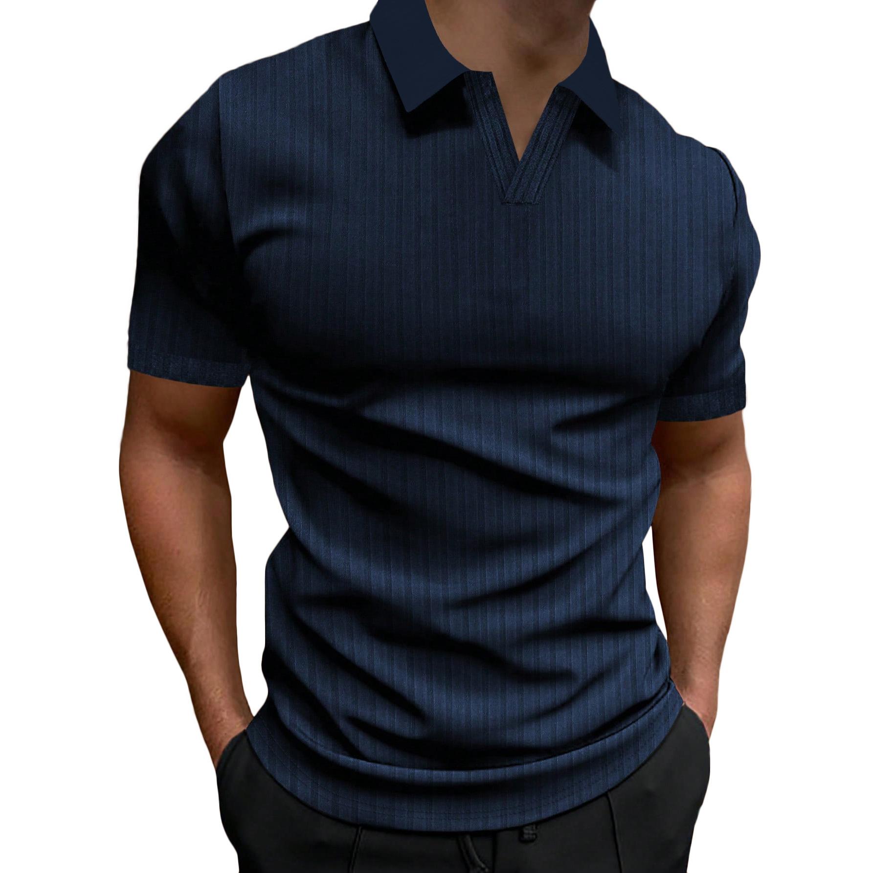 

Summer New POLO Shirt Lapel V-Neck Vertical Striped Short-Sleeved Men S T-Shirt 3XL темно-синий