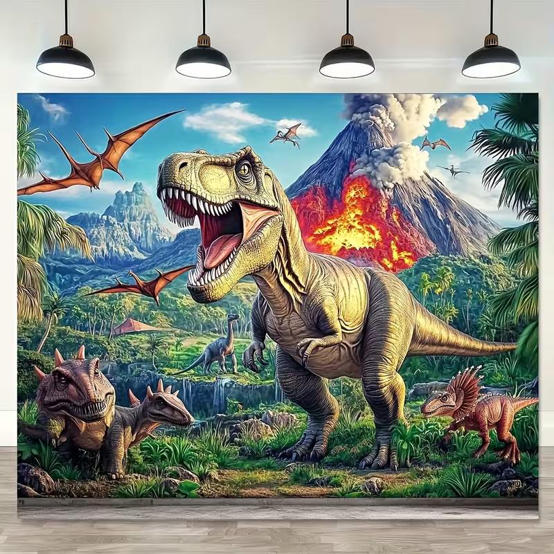 Vulkan T-Rex Dinosaurier Wandteppich, Jurassische Dschungellandschaft Wanddekoration für Jungenzimmer & Thematische Geburtstagsparty