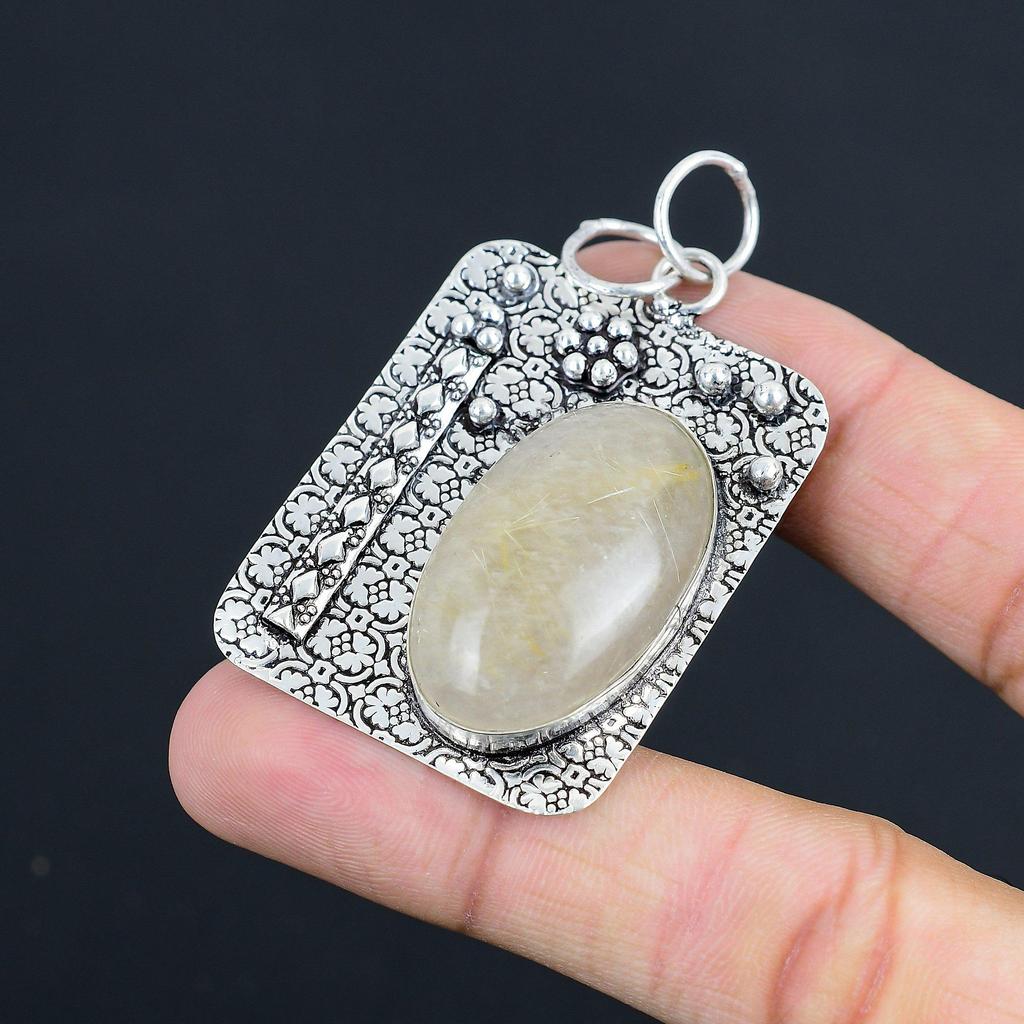 925 Silver Oval Natural Golden Rutile Daughter Birthday Anniversary Boho Pendant