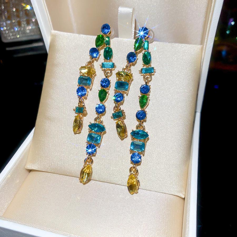 Emerald diamond leaf fringed earrings light luxury stud earrings women's European and American earrings