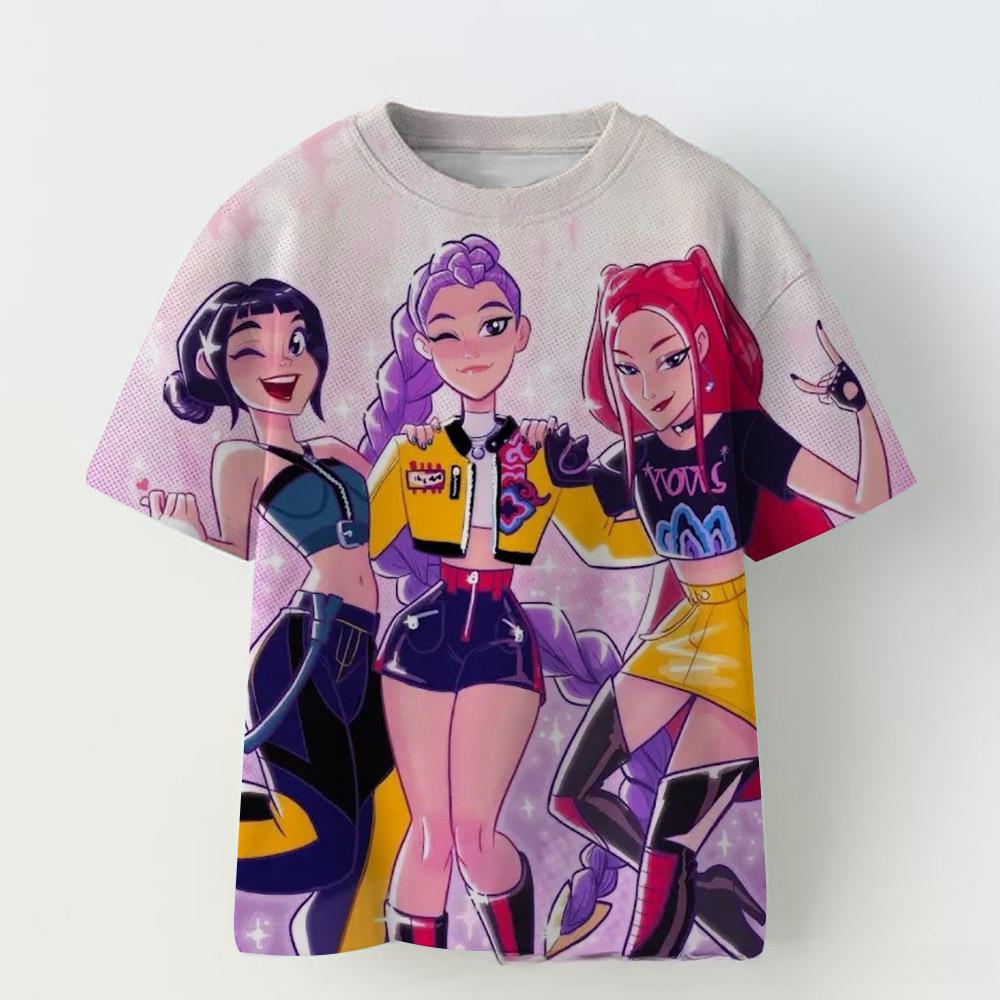 KPOP Demon Slayer Collaboration 3D Digital Print Summer Girls' Casual Fashion Round Neck Short Sleeve T-Shirt Parent-Child Outfit