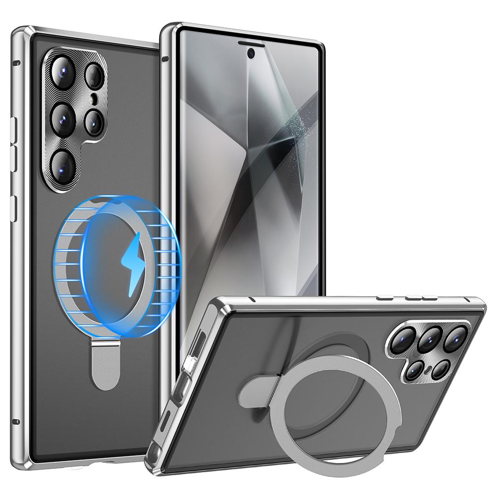 

For Samsung Galaxy S25 Ultra Case Compatible with MagSafe Kickstand Matte PC Cover with HD Tempered Glass Film Silver
