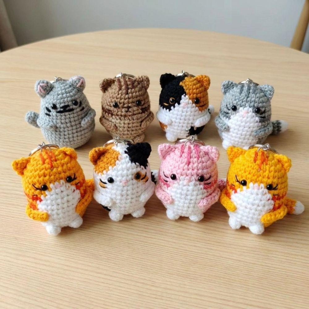 Handmade Hand Cat Keychain Handwoven Yarn Kitty Bag Charm Crochet Kitten Keyring Backpack Decor