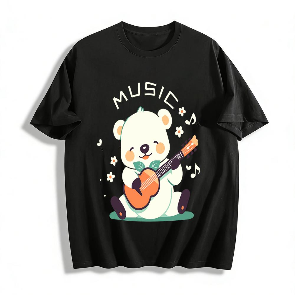 

Cute Bear Playing Guitar Print Kids T-Shirt, Unisex Loose Casual Breathable Crewneck Short Sleeve Top Pure cotton T-shirt XXS