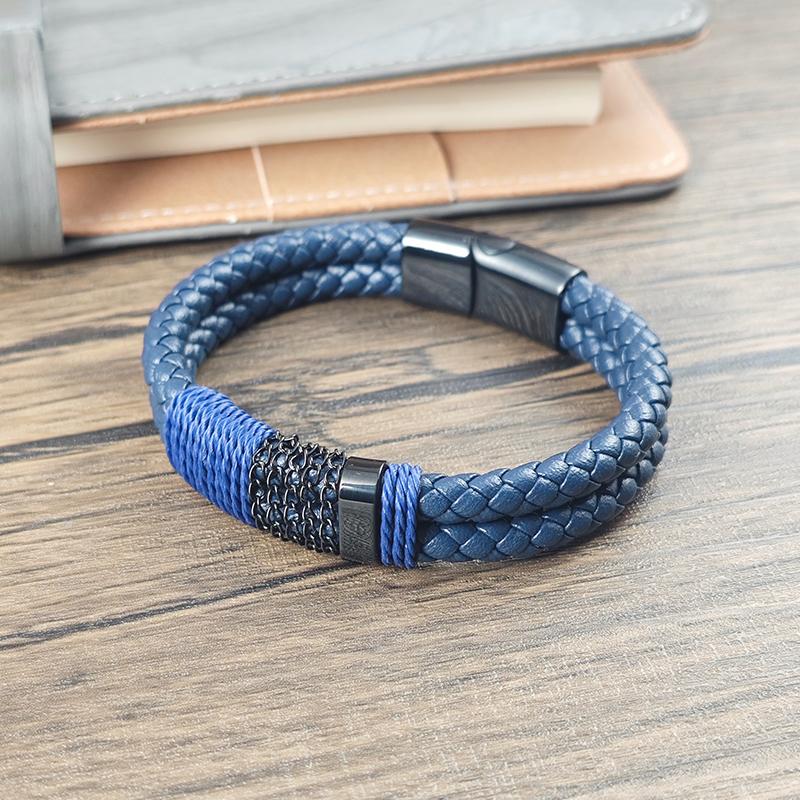 Men Punk Style Blue Woven Leather Rope Bracelet Classic Stainless Steel Simple Design Magnetic Buckle Charm Male Jewelry Gift