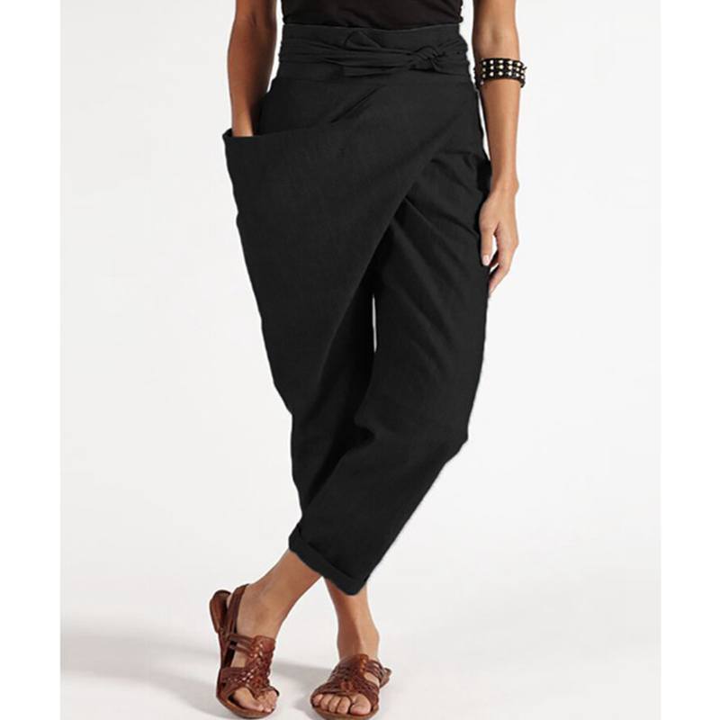 Women Summer Pants Irregular Pockets Streetwear Solid Color High Waist Trendy Straight Wide Leg Cropped Pants for Dating